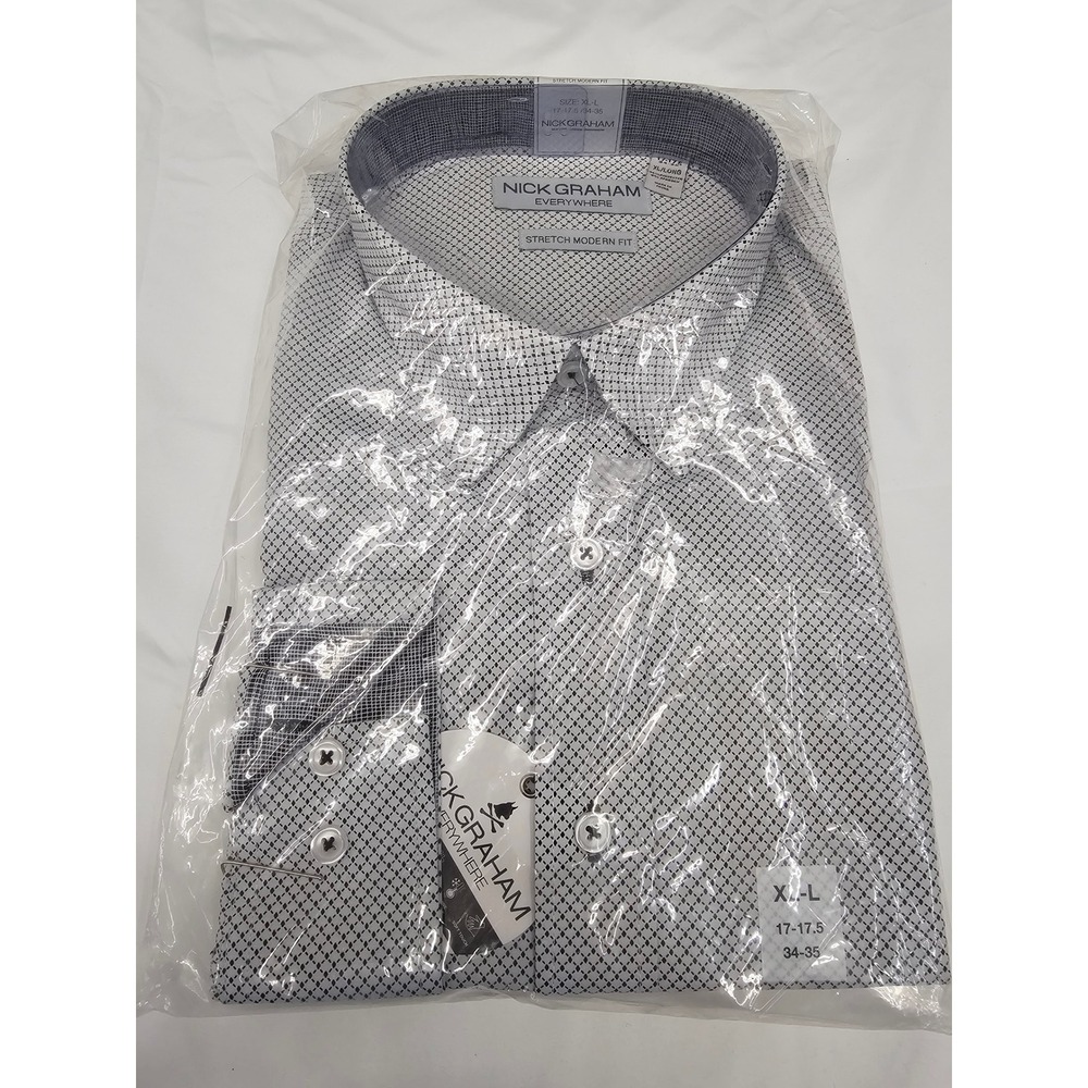 Nick Graham Everywhere Mens Stretch Modern Fit Dress Shirt White Black XL‎